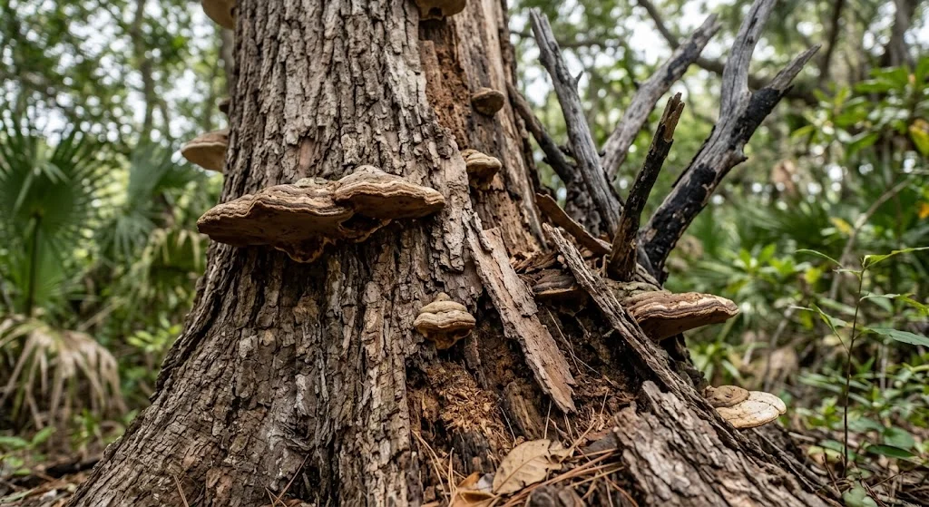 Dead limbs and canopy dieback on a declining tree in St. Petersburg