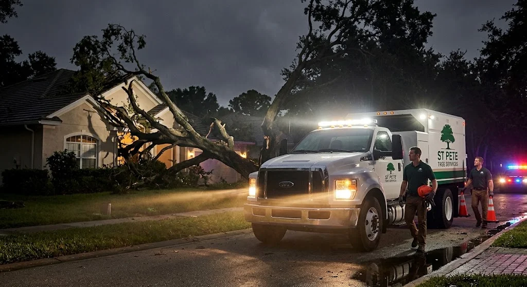 Emergency crew removing a large fallen tree from a St. Petersburg roof