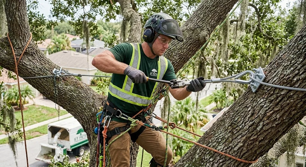 Lead climbing arborist with rigging gear beside a large oak