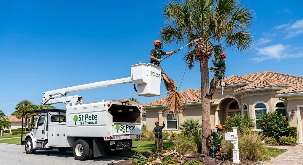 Crew trimming sabal palm fronds on a St. Pete Beach property