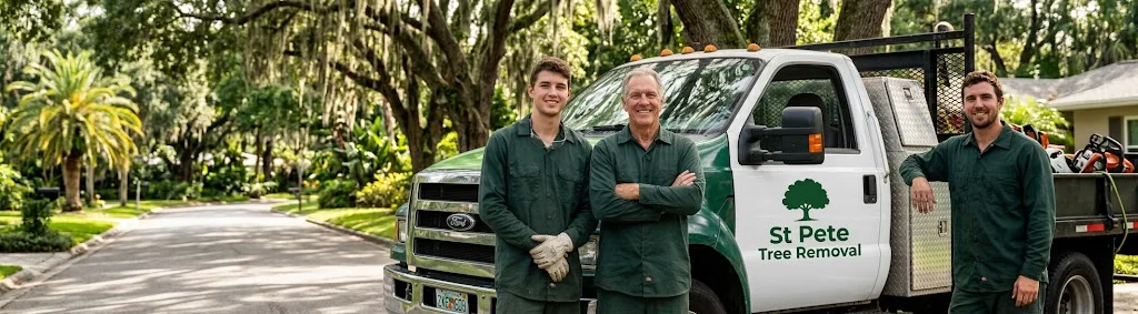 The St Pete Tree Removal crew standing with their truck and rigging gear