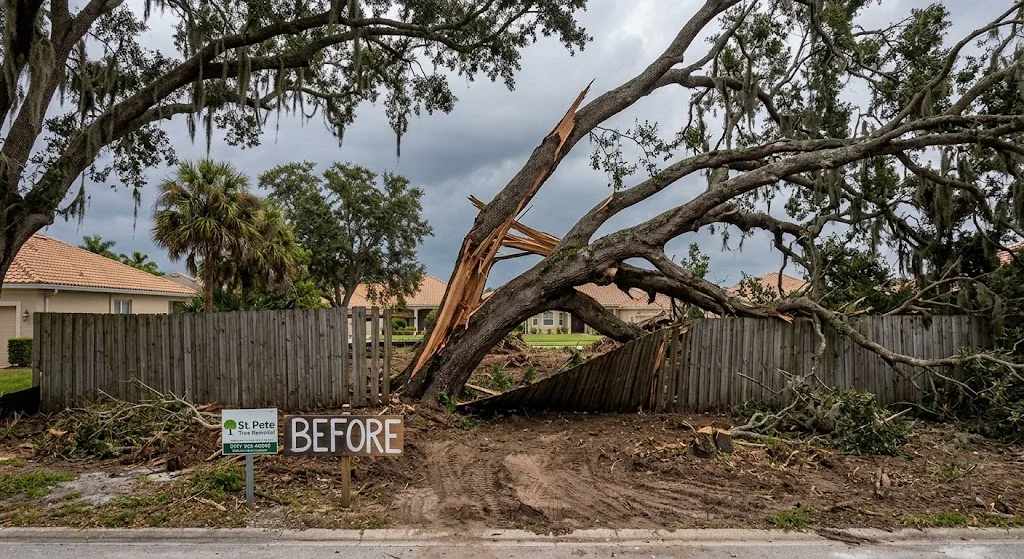 Storm-split oak leaning on a fence before removal in Shore Acres