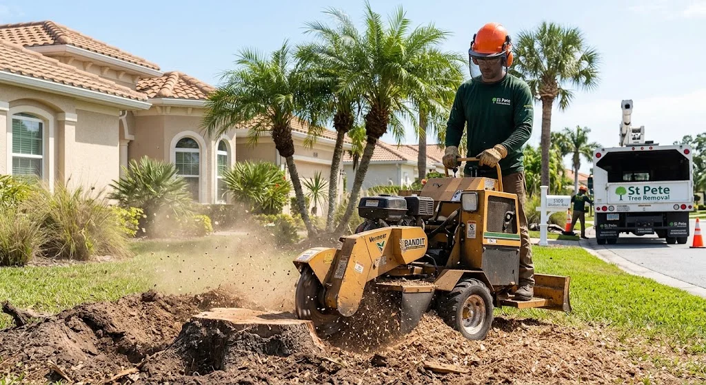 Technician grinding a large stump below grade in Gulfport