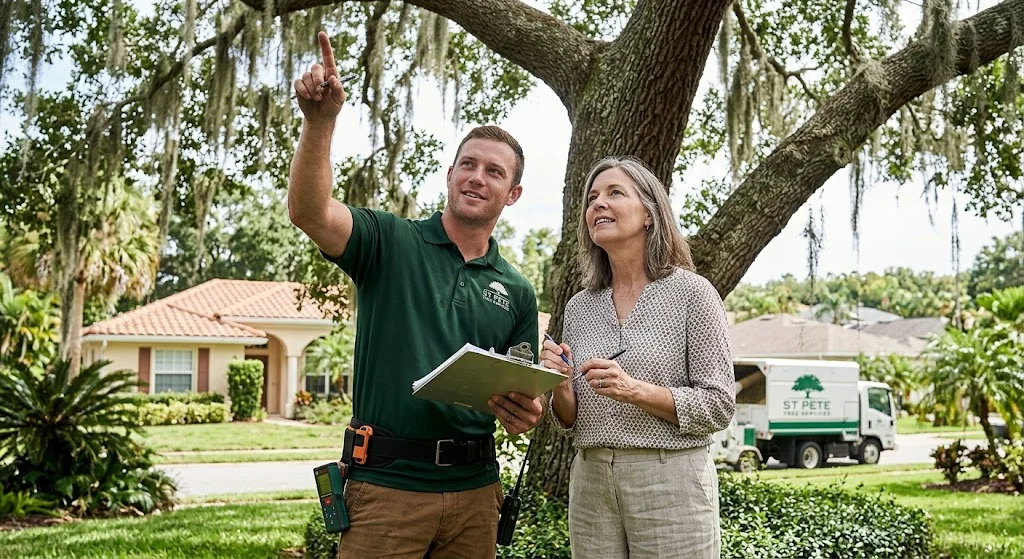 St Pete Tree Removal estimator measuring a large oak tree with a homeowner