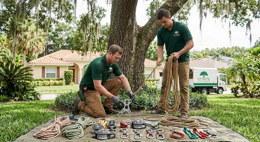 Crew setting up rigging ropes and rigging plates before a tree removal