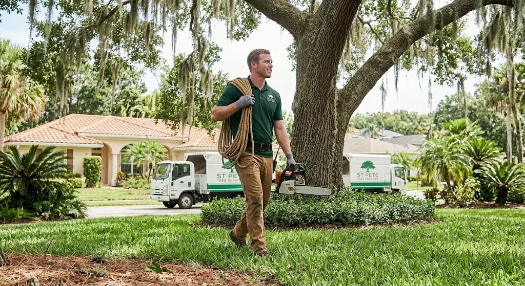 St Pete Tree Removal technician carrying rigging gear to a job site in Largo